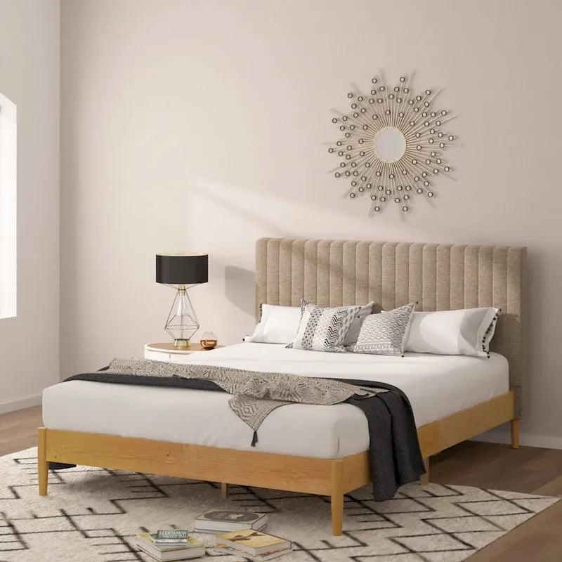 Priage by ZINUS Latte Wood Platform Bed Frame with Upholstered Headboard