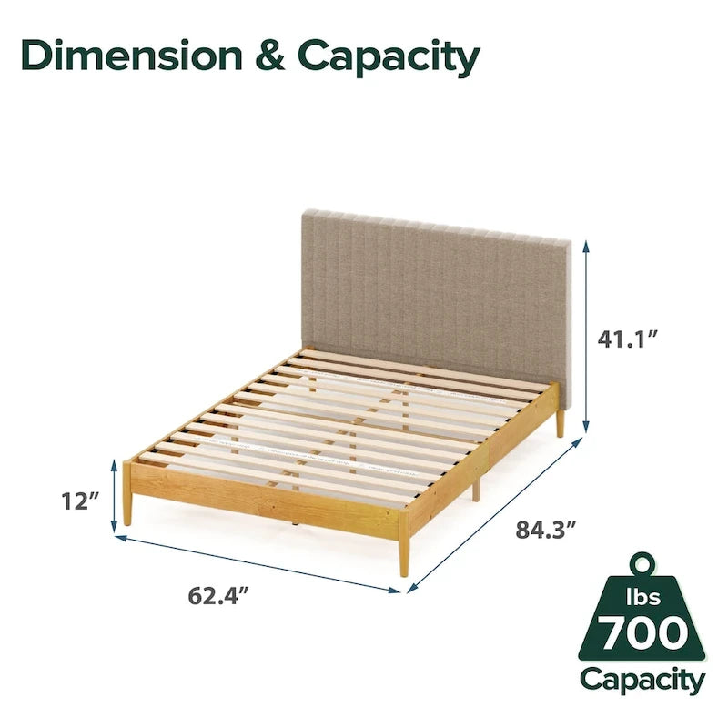 Priage by ZINUS Latte Wood Platform Bed Frame with Upholstered Headboard