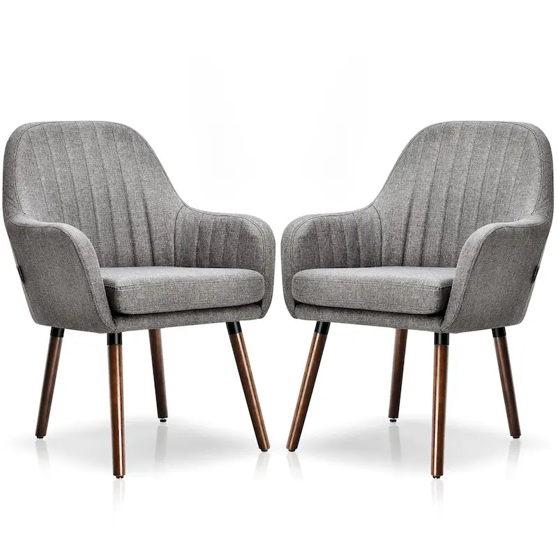 Grey/Beige Linen Armchair with Wood Legs, Set of 2