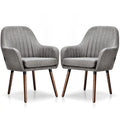 Grey/Beige Linen Armchair with Wood Legs, Set of 2