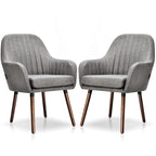 Grey/Beige Linen Armchair with Wood Legs, Set of 2