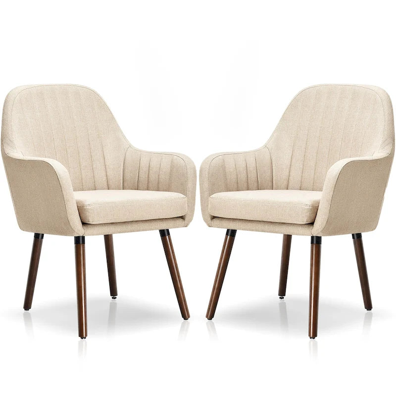 Grey/Beige Linen Armchair with Wood Legs, Set of 2