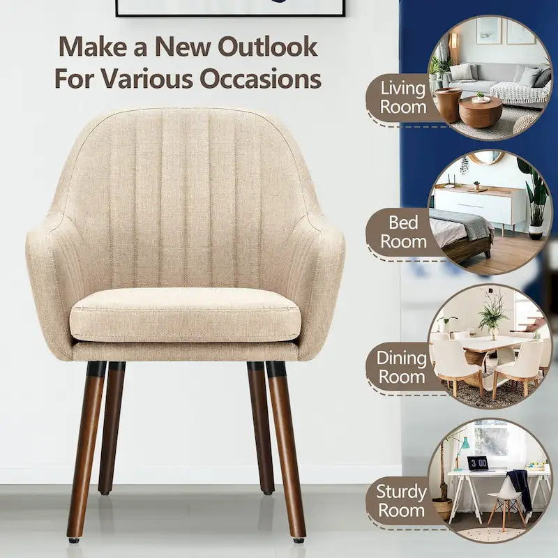 Grey/Beige Linen Armchair with Wood Legs, Set of 2