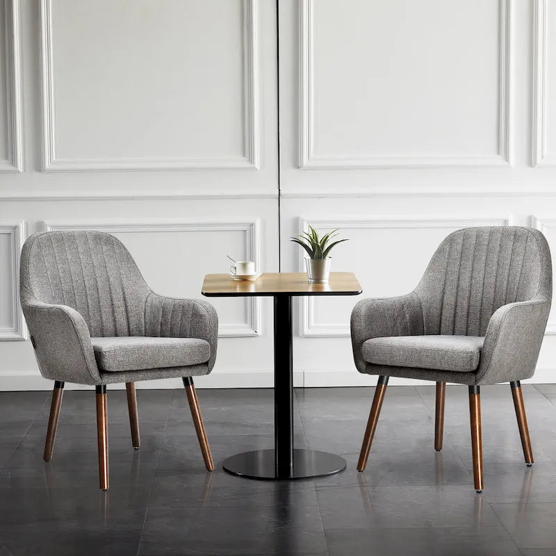 Grey/Beige Linen Armchair with Wood Legs, Set of 2