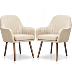 Grey/Beige Linen Armchair with Wood Legs, Set of 2