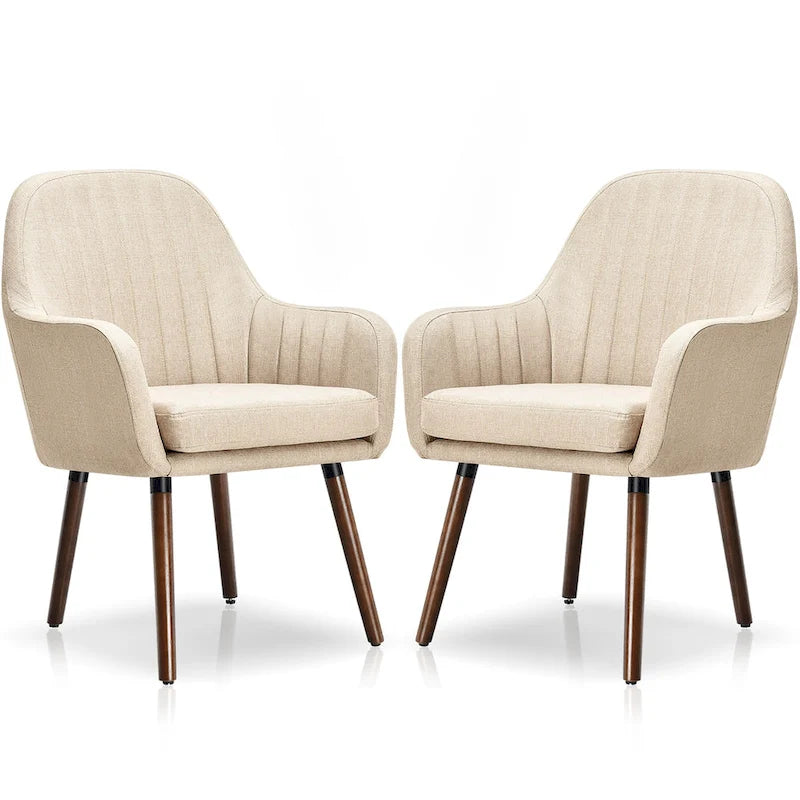 Grey/Beige Linen Armchair with Wood Legs, Set of 2