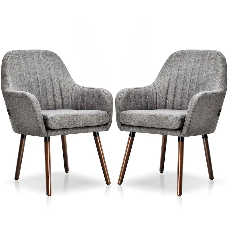 Grey/Beige Linen Armchair with Wood Legs, Set of 2