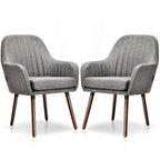 Grey/Beige Linen Armchair with Wood Legs, Set of 2
