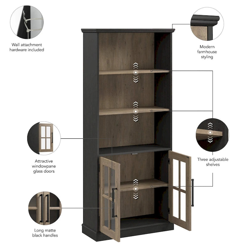 White Ash / Vintage Black 5-Shelf Bookcase with Glass Doors, Set of 2