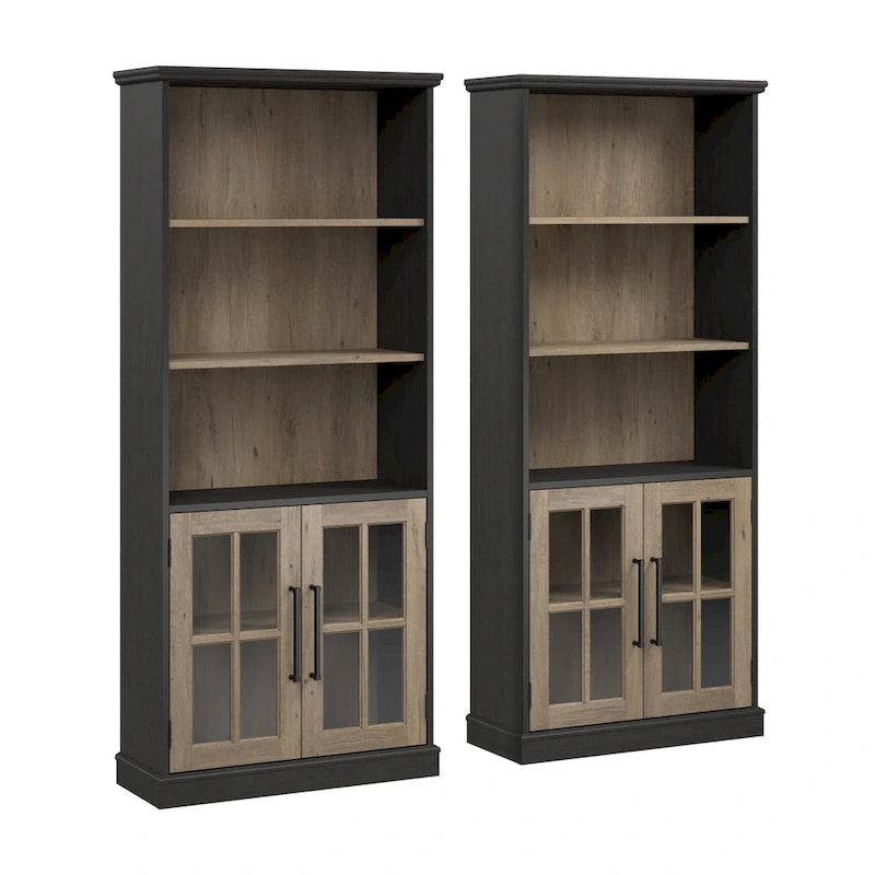 White Ash / Vintage Black 5-Shelf Bookcase with Glass Doors, Set of 2