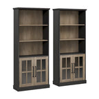 White Ash / Vintage Black 5-Shelf Bookcase with Glass Doors, Set of 2