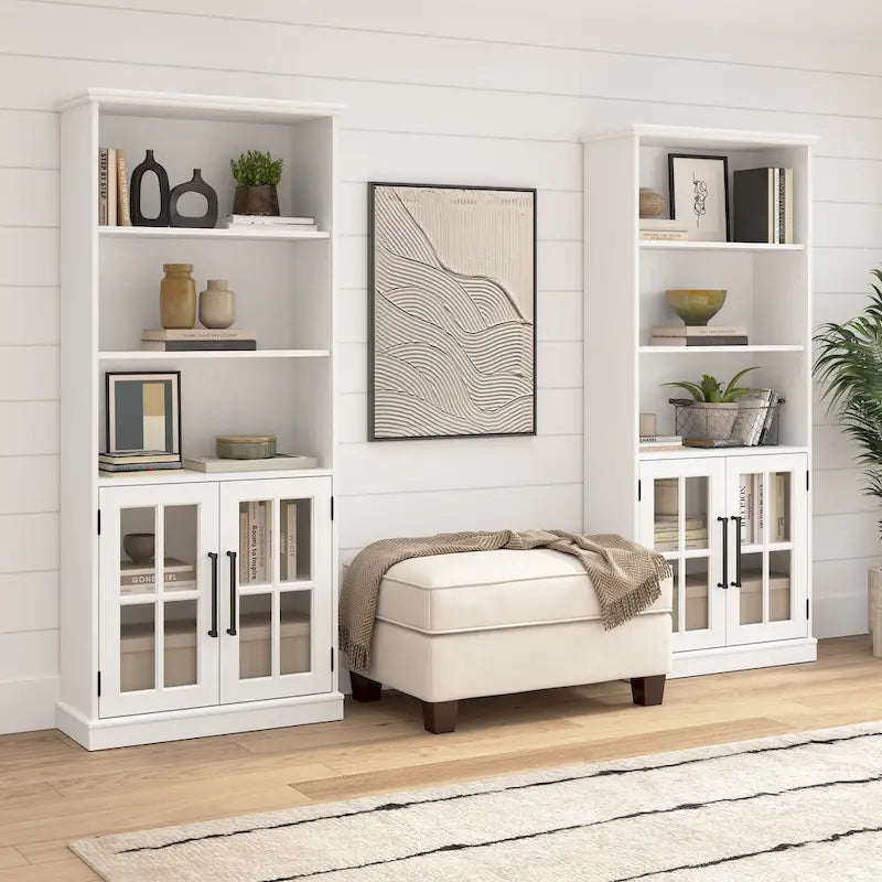 White Ash / Vintage Black 5-Shelf Bookcase with Glass Doors, Set of 2