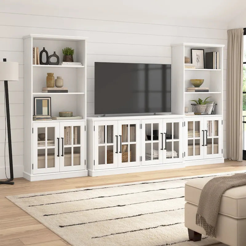 White Ash / Vintage Black 5-Shelf Bookcase with Glass Doors, Set of 2