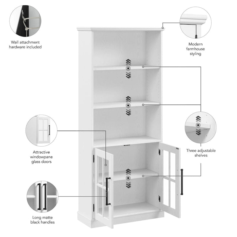 White Ash / Vintage Black 5-Shelf Bookcase with Glass Doors, Set of 2