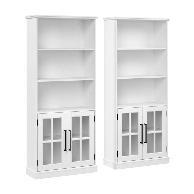 White Ash / Vintage Black 5-Shelf Bookcase with Glass Doors, Set of 2