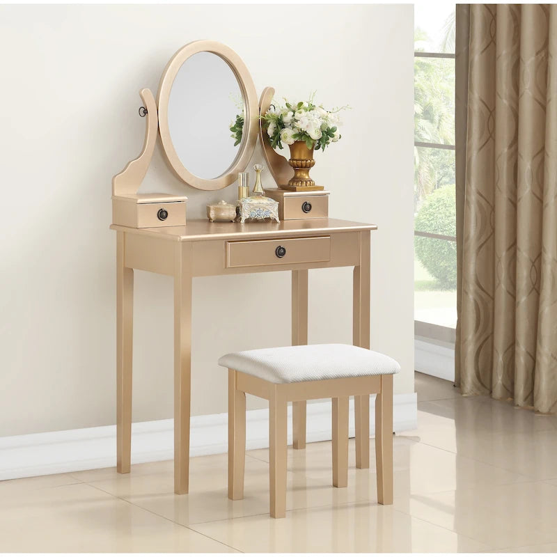 Gold / Blue / Silver / Purple / Rose Gold / Pink / White Wood Makeup Vanity Table & Stool Set, 1-Person