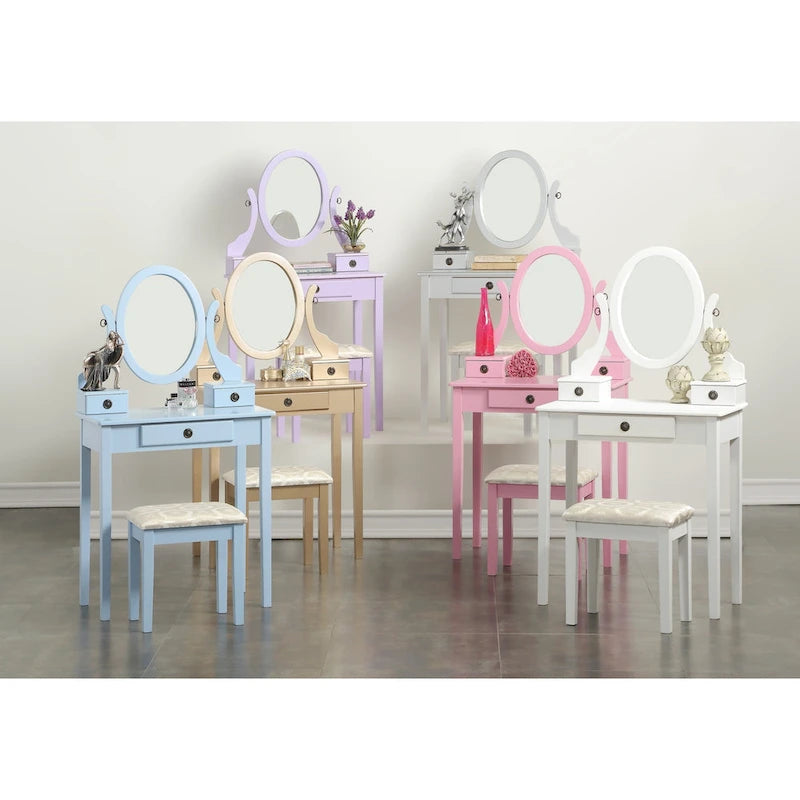 Gold / Blue / Silver / Purple / Rose Gold / Pink / White Wood Makeup Vanity Table & Stool Set, 1-Person