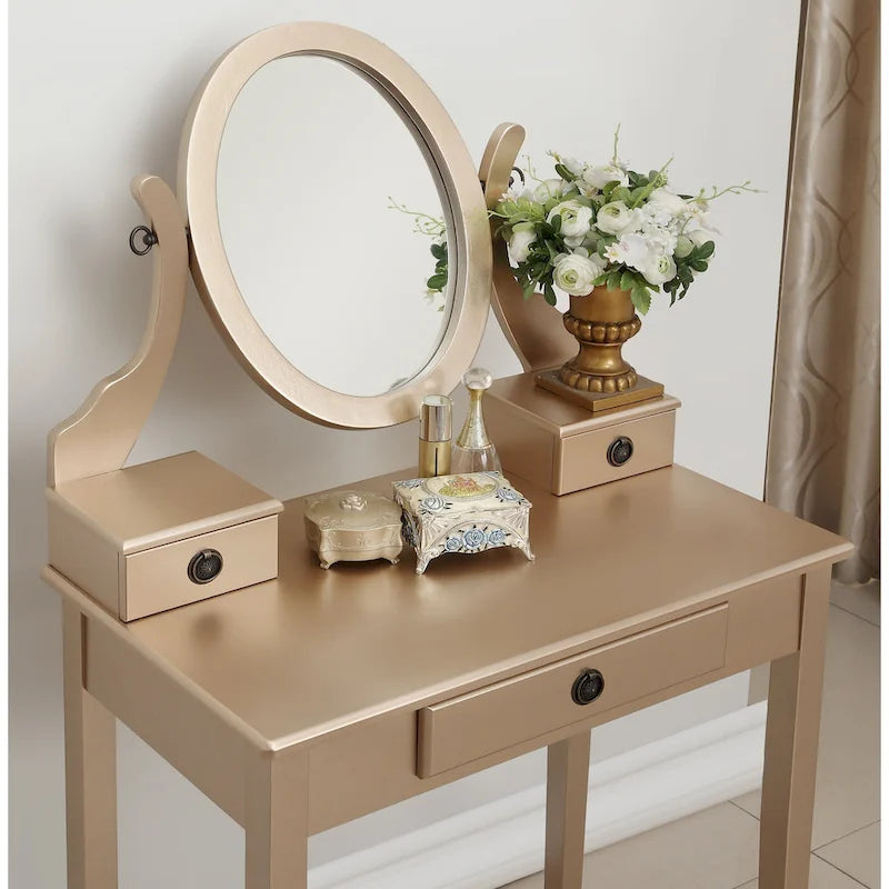 Gold / Blue / Silver / Purple / Rose Gold / Pink / White Wood Makeup Vanity Table & Stool Set, 1-Person