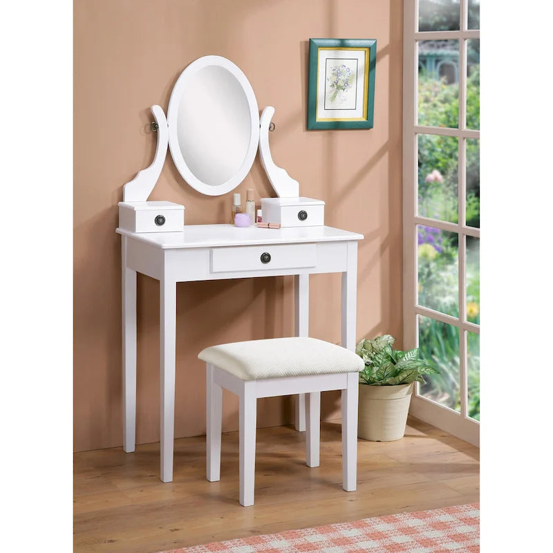 Gold / Blue / Silver / Purple / Rose Gold / Pink / White Wood Makeup Vanity Table & Stool Set, 1-Person