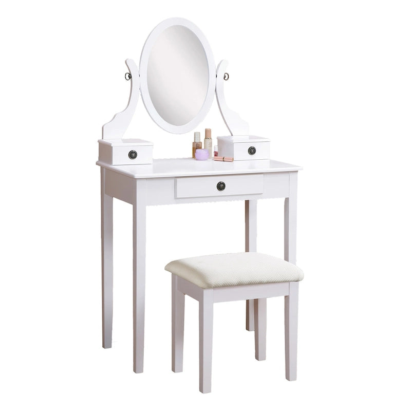 Gold / Blue / Silver / Purple / Rose Gold / Pink / White Wood Makeup Vanity Table & Stool Set, 1-Person