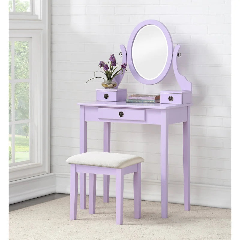 Gold / Blue / Silver / Purple / Rose Gold / Pink / White Wood Makeup Vanity Table & Stool Set, 1-Person