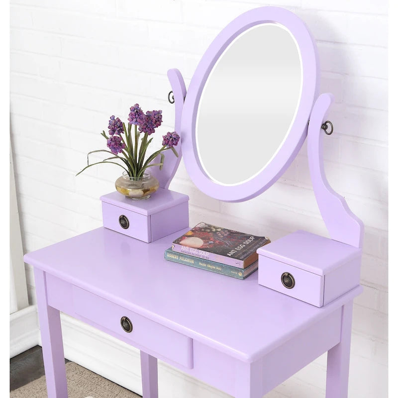 Gold / Blue / Silver / Purple / Rose Gold / Pink / White Wood Makeup Vanity Table & Stool Set, 1-Person