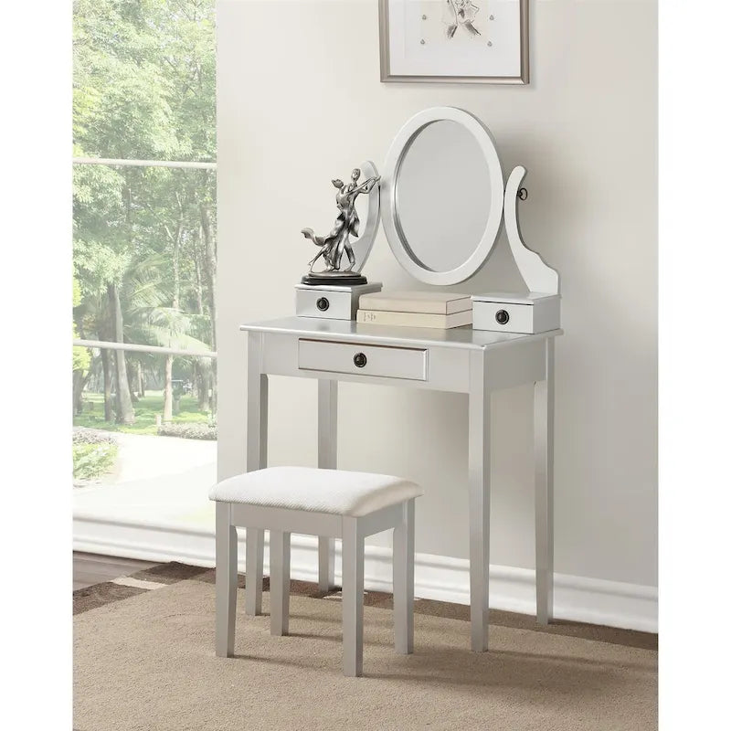 Gold / Blue / Silver / Purple / Rose Gold / Pink / White Wood Makeup Vanity Table & Stool Set, 1-Person