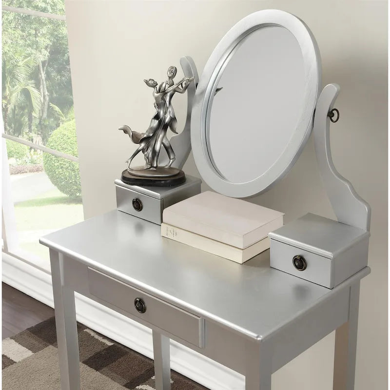 Gold / Blue / Silver / Purple / Rose Gold / Pink / White Wood Makeup Vanity Table & Stool Set, 1-Person