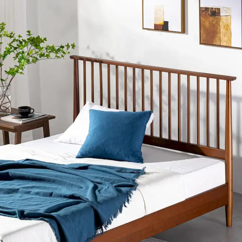 Brown Mid-Century Wood Platform Bed Frame with Spindled Headboard, Twin/Full/Queen/King, 1–2 Person