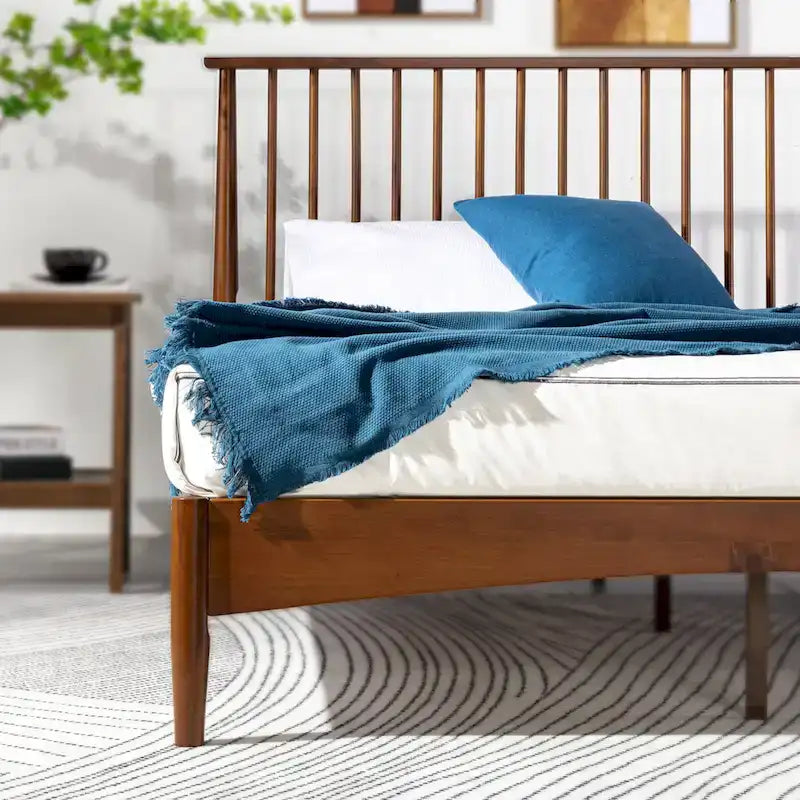 Brown Mid-Century Wood Platform Bed Frame with Spindled Headboard, Twin/Full/Queen/King, 1–2 Person