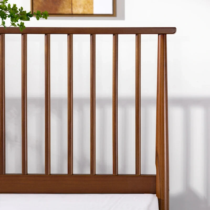 Brown Mid-Century Wood Platform Bed Frame with Spindled Headboard, Twin/Full/Queen/King, 1–2 Person