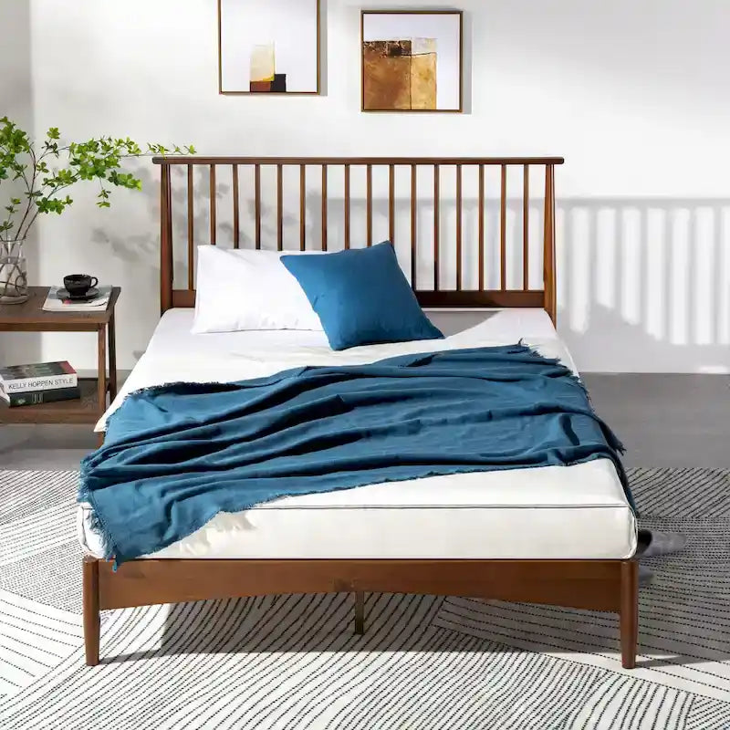 Brown Mid-Century Wood Platform Bed Frame with Spindled Headboard, Twin/Full/Queen/King, 1–2 Person
