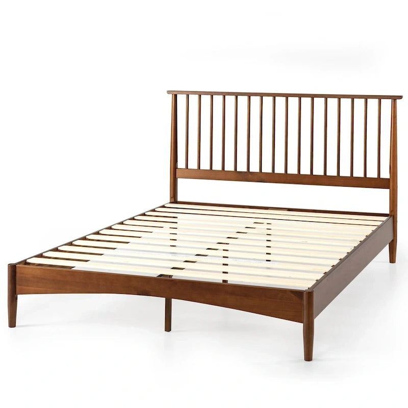 Brown Mid-Century Wood Platform Bed Frame with Spindled Headboard, Twin/Full/Queen/King, 1–2 Person