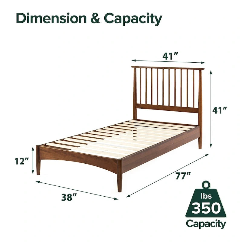 Brown Mid-Century Wood Platform Bed Frame with Spindled Headboard, Twin/Full/Queen/King, 1–2 Person
