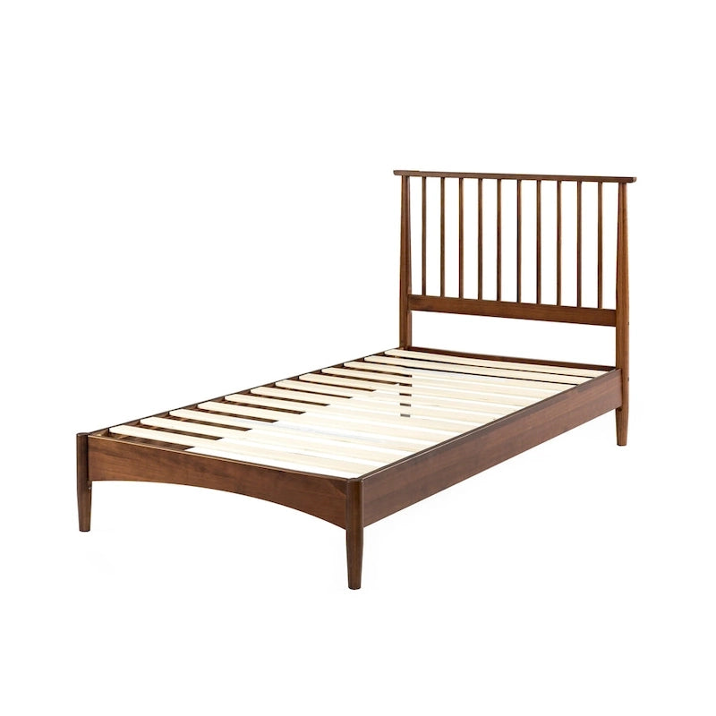 Brown Mid-Century Wood Platform Bed Frame with Spindled Headboard, Twin/Full/Queen/King, 1–2 Person