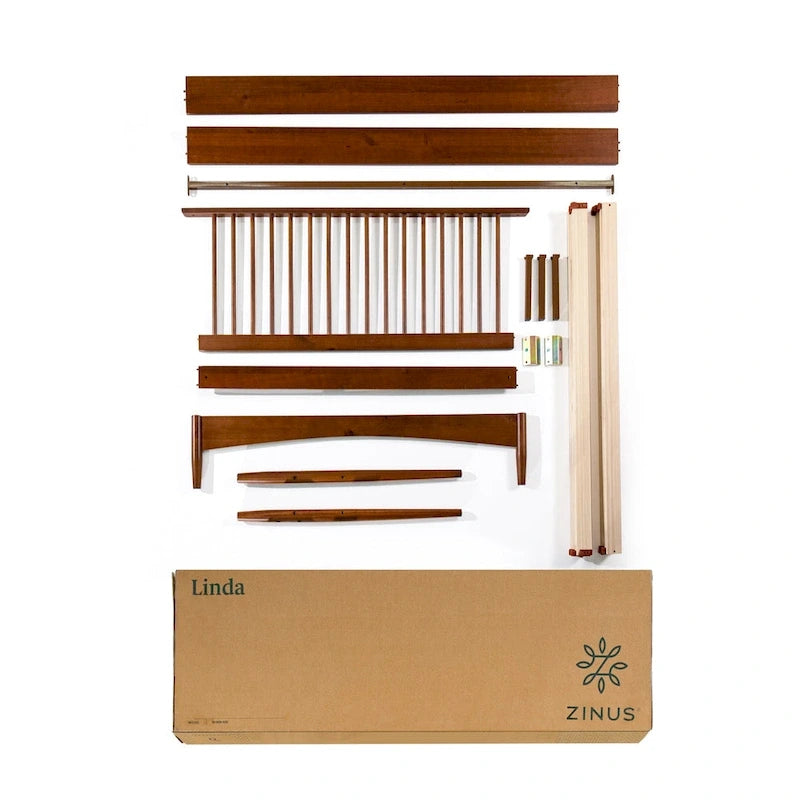 Brown Mid-Century Wood Platform Bed Frame with Spindled Headboard, Twin/Full/Queen/King, 1–2 Person