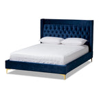 Blue / Grey Velvet Button-Tufted Platform Bed – Queen / King (1–2 Person)