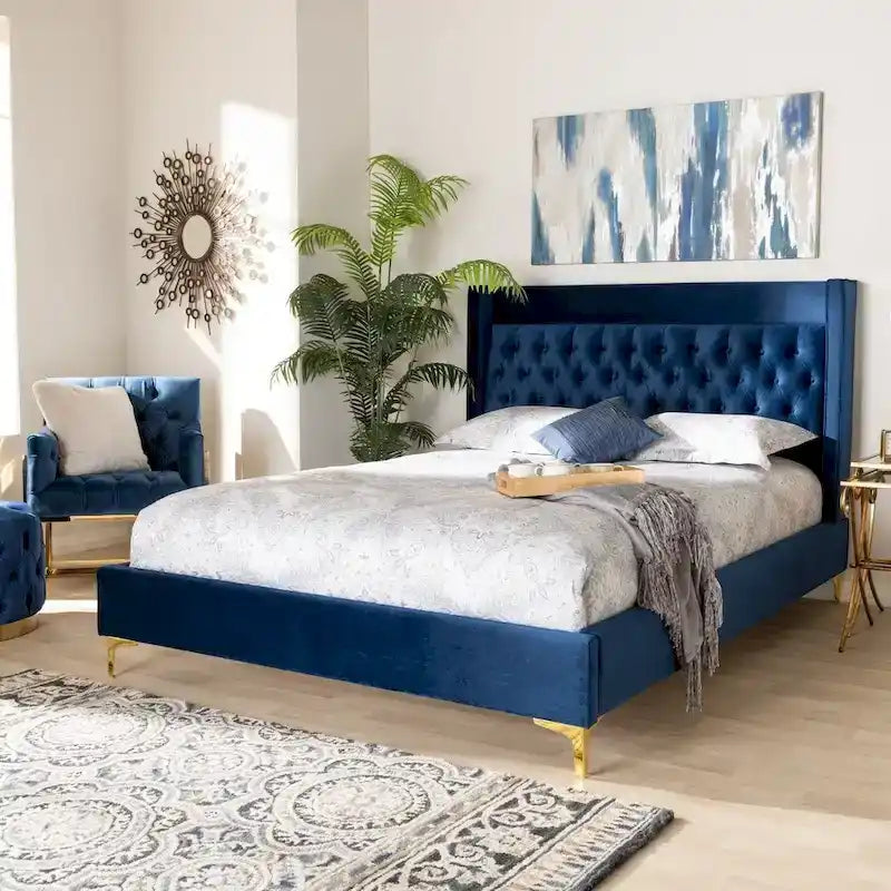 Blue / Grey Velvet Button-Tufted Platform Bed – Queen / King (1–2 Person)