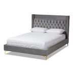 Blue / Grey Velvet Button-Tufted Platform Bed – Queen / King (1–2 Person)
