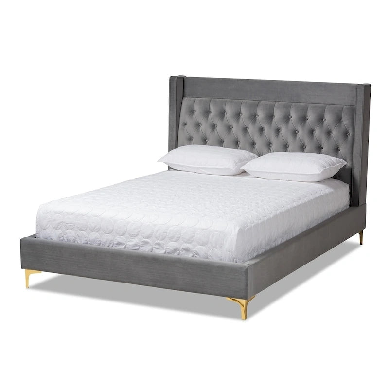 Blue / Grey Velvet Button-Tufted Platform Bed – Queen / King (1–2 Person)