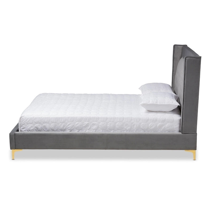 Blue / Grey Velvet Button-Tufted Platform Bed – Queen / King (1–2 Person)