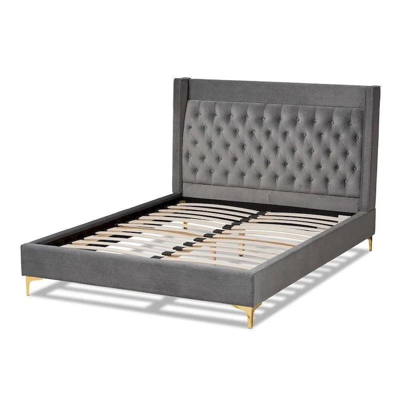Blue / Grey Velvet Button-Tufted Platform Bed – Queen / King (1–2 Person)