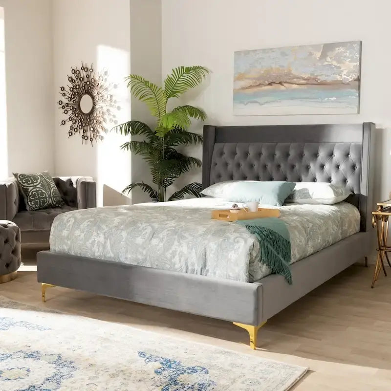 Blue / Grey Velvet Button-Tufted Platform Bed – Queen / King (1–2 Person)