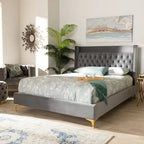 Blue / Grey Velvet Button-Tufted Platform Bed – Queen / King (1–2 Person)