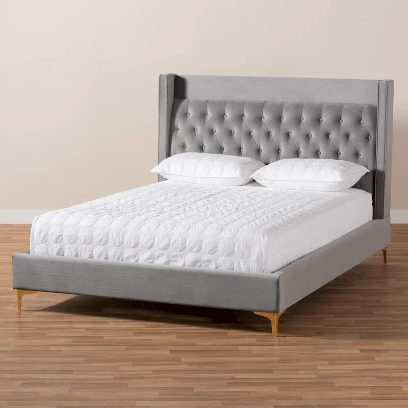 Blue / Grey Velvet Button-Tufted Platform Bed – Queen / King (1–2 Person)