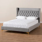 Blue / Grey Velvet Button-Tufted Platform Bed – Queen / King (1–2 Person)