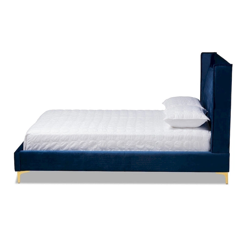 Blue / Grey Velvet Button-Tufted Platform Bed – Queen / King (1–2 Person)