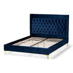 Blue / Grey Velvet Button-Tufted Platform Bed – Queen / King (1–2 Person)