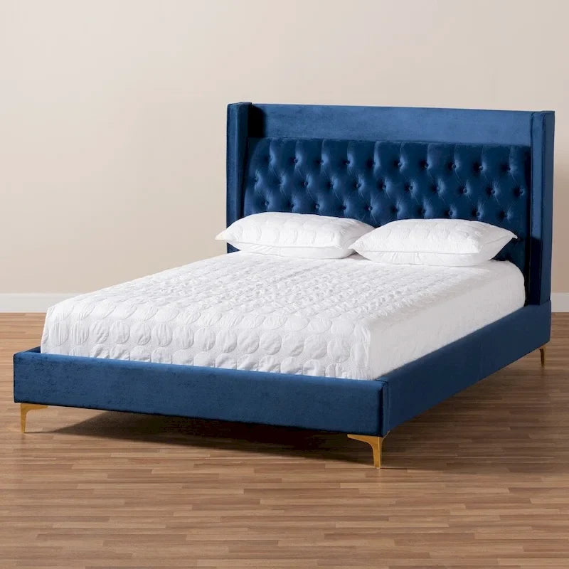 Blue / Grey Velvet Button-Tufted Platform Bed – Queen / King (1–2 Person)