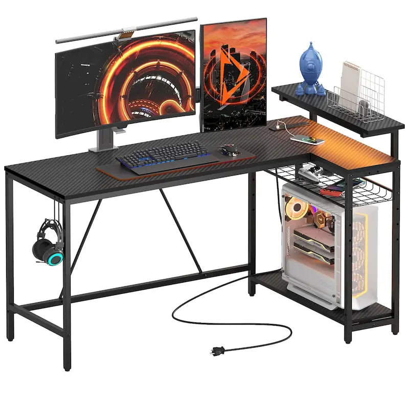 Black Carbon Fiber / Rustic Brown Reversible L-Shaped LED Desk with Power Outlets & Monitor Stand, 1–2 Person